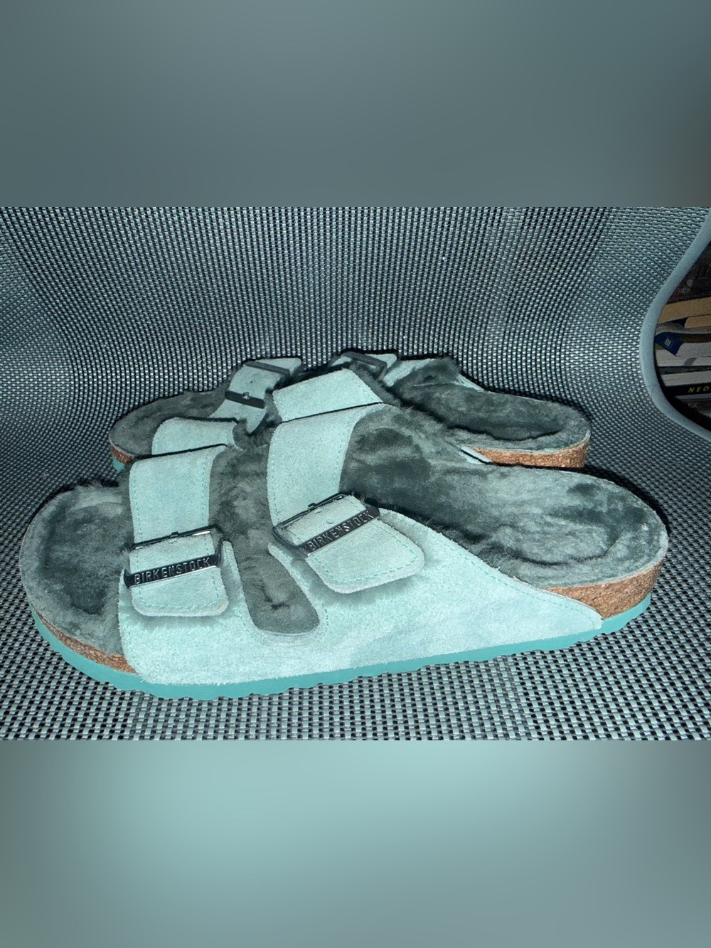 Birkenstock Arizona Shearling Suede Leather Sandal Beryl Green Plush Strap
